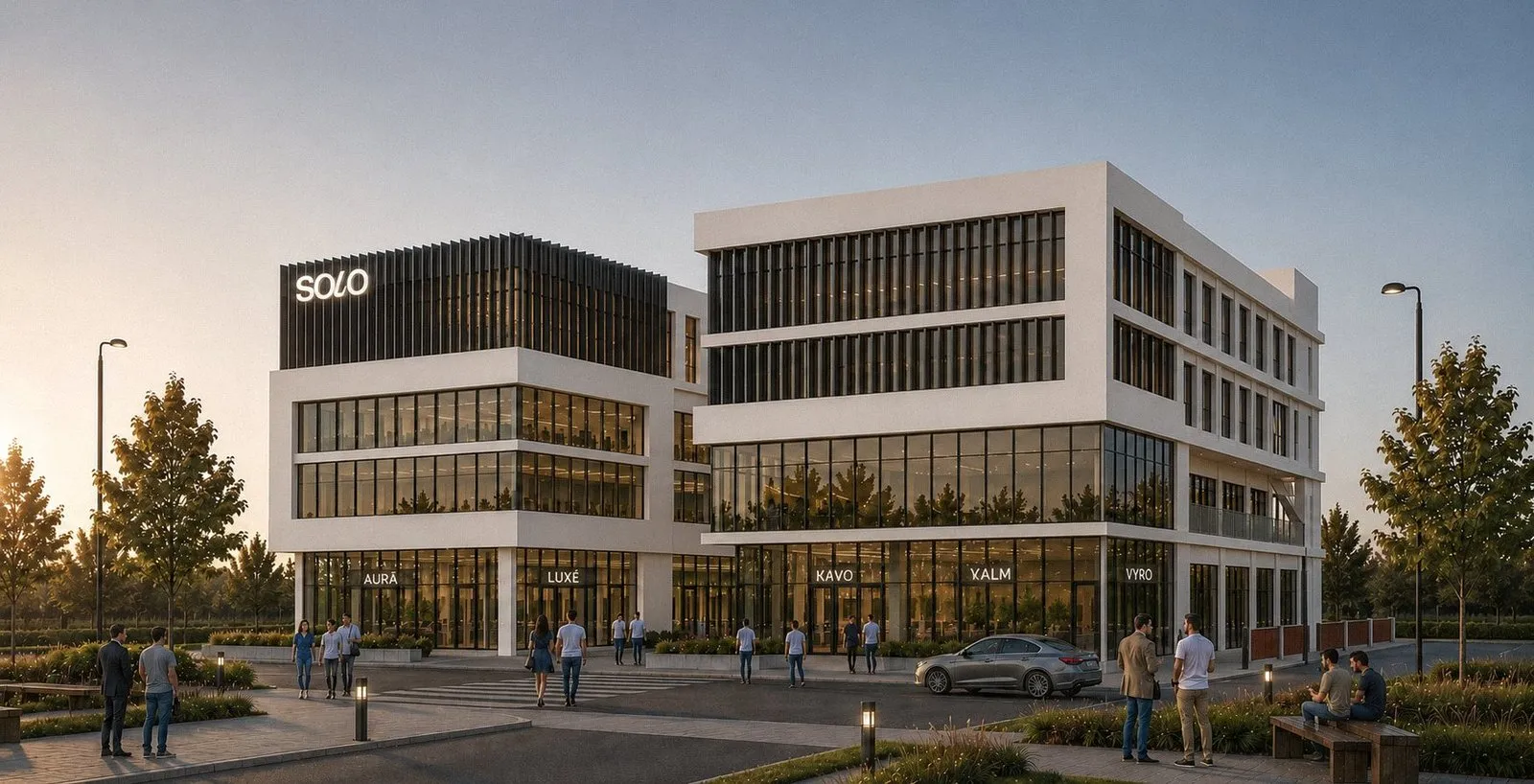 Solo’s retail and clinic building at sunset