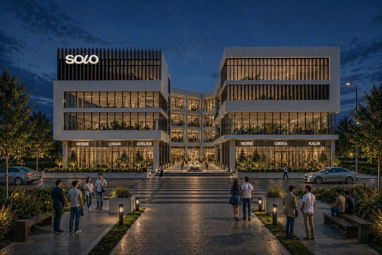 Solo main elevation at night